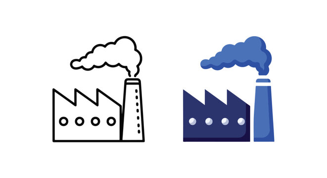 Factory building with smoke stack icon set: Clipart, sticker - icon set - Line and glyph solid icon and logo template 