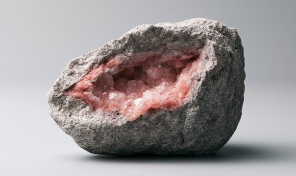 Pink crystal geode cut open, gray rough outer shell