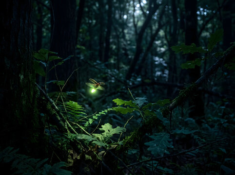 Single Glowing Firefly Hovering in Dark Forest at Night with Green Bioluminescence