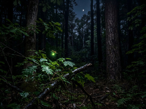 Firefly Glowing in Moonlit Dark Forest at Night with Crescent Moon and Stars
