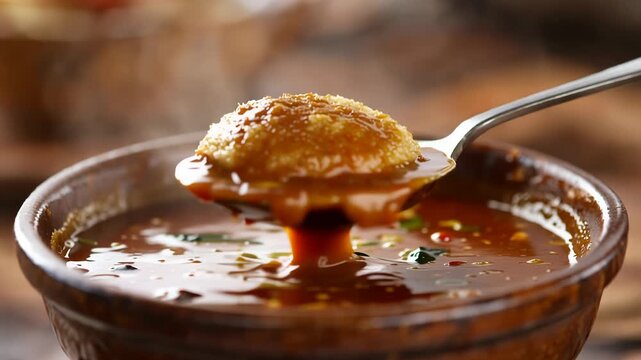 Serving hot idli sambar with a spoon in a rustic bowl