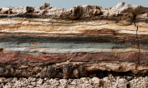 Stratified rock layers display varied hues and weathering