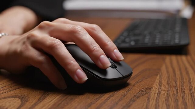 Close-up of a female hand using a wireless computer mouse on a wooden desk in an office