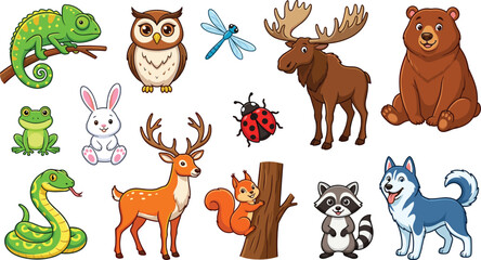 Fototapeta premium Cute Forest and Wild Animals Cartoon Character Set for Kids Education Baby Nursery Decor and Children Book Graphic Design Vector Illustration