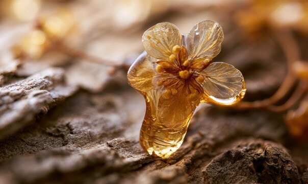 Flower frozen in amber, showcasing nature's preservation in a golden resin