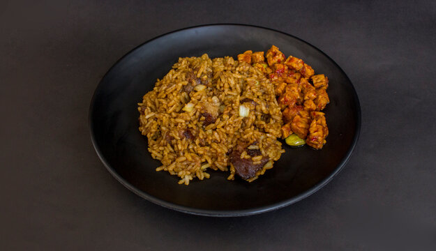 indonesia fried beef seasoned rice with fried tempe condiment served warmth for lunch