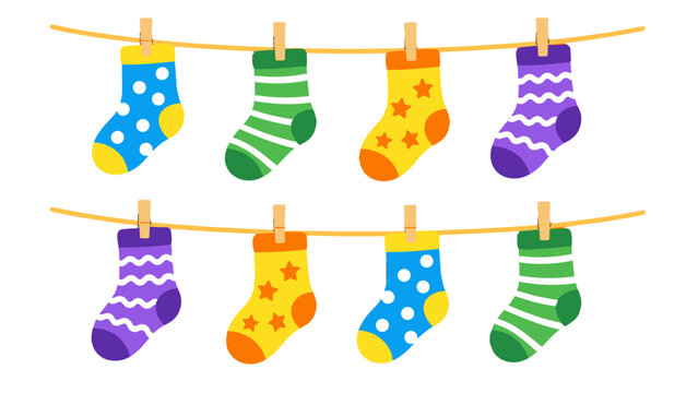 Colorful patterned socks hanging on clotheslines vector set