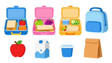 Colorful lunch box set with food and school backpack icons © icon_art