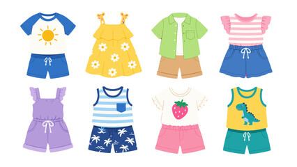 Cute children summer clothing set with shirts dresses and shorts © icon_art