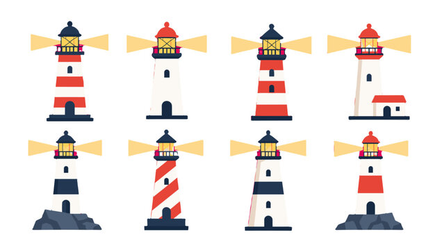 Set of colorful lighthouse illustrations on white background