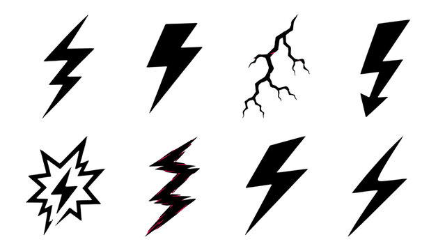 Set of black lightning bolt and electric strike vector icons