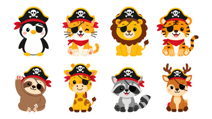 Fototapeta premium Cute animal pirates set with penguin, lion, tiger and more