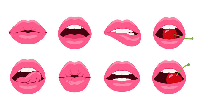 Set of pink lips with different mouth expressions and cherry