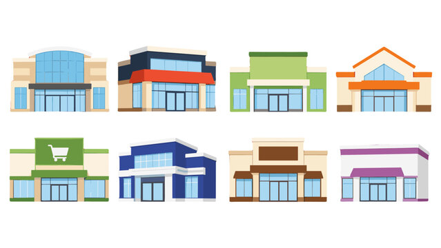 Set of colorful storefront and retail building facades