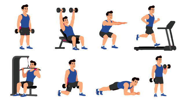 Cartoon man performing various gym exercises and workouts