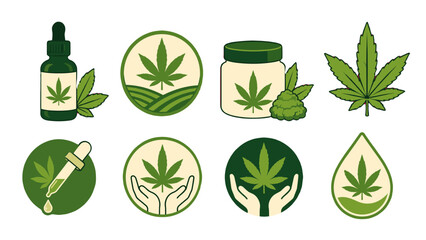 Obraz premium Cannabis oil and leaf icons set in green vector style