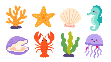 Cute cartoon sea life icons with coral shell and jellyfish © icon_art