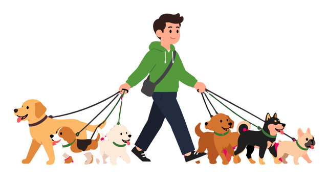 Man walking multiple dogs on leashes in flat vector style