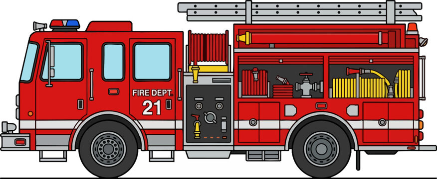 Red Fire Truck Illustration Side View with Equipment