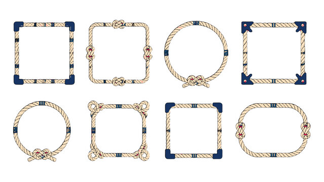 Set of decorative rope frames in square and round shapes