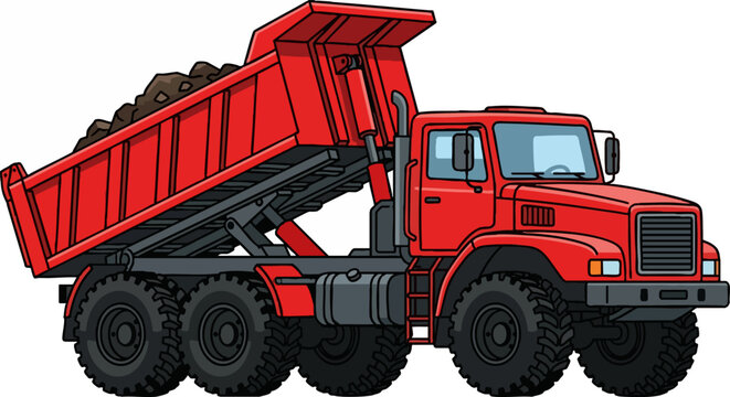 Red dump truck illustration unloading soil on white background