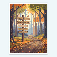 Autumn forest trail with wooden signs. © Makdum
