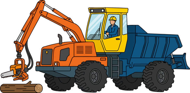 Heavy Forestry Harvester Machine Illustration Cutting Wood Log