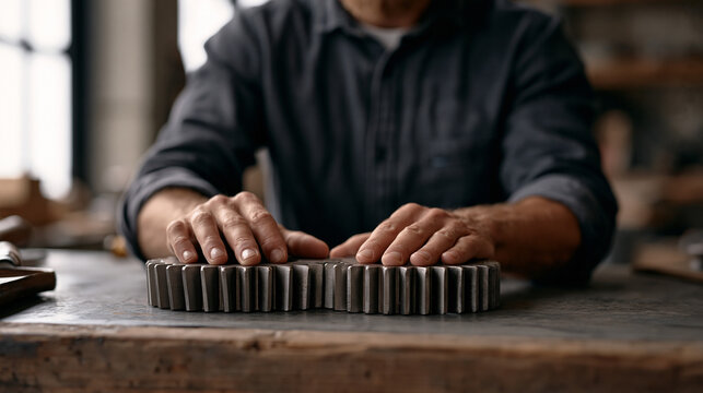 Entrepreneur pressing two mechanical gear halves together at a heavy industrial workbench, the interlocking teeth aligning perfectly under task lighting, representing business