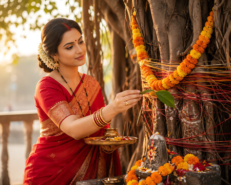Indian women celebrating Vat Savitri Vrat, Vat Purnima (Pournima), Savitri Amavasya, Bargad Pooja, and the Banyan Tree Festival.