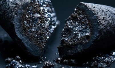 Fototapeta premium Charcoal fragments cracked open, revealing rough interior