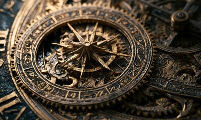 Obraz premium Ornate brass astrolabe with celestial markings and mechanical dials