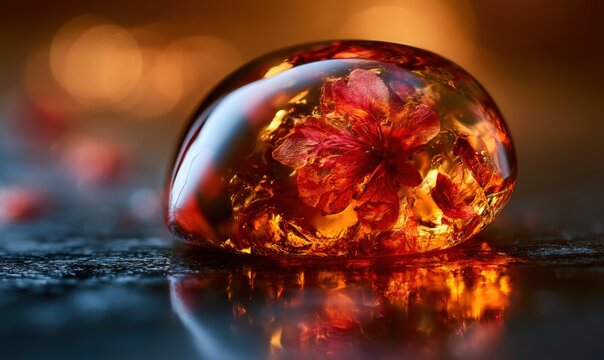Amber gemstone with preserved flower