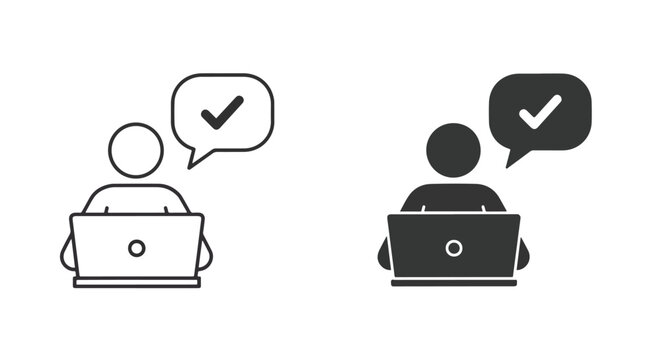 User with laptop and checkmark icon: Glyph and solid icon set - Icon vector - logo icons. Blue, Black and white icons