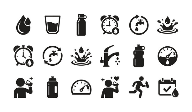 Water intake and hydration tracking icons. Vector illustration