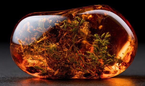 Close-up of amber stone containing preserved moss and plant material