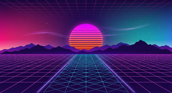 Vibrant retro futuristic landscape, neon grid, sunset mountains, 80s synthwave background
