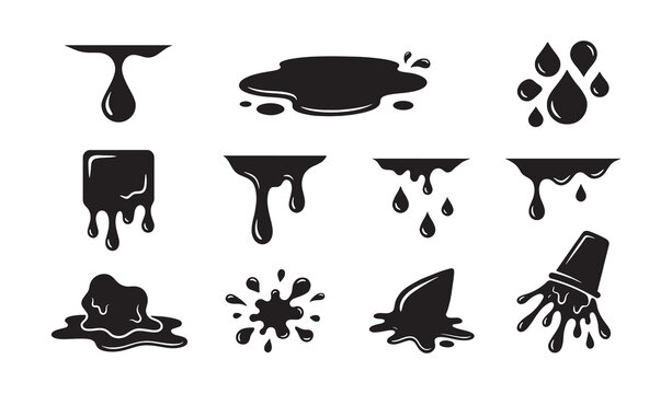 Set of black liquid drips and ink splashes isolated on a white background. Vector illustration