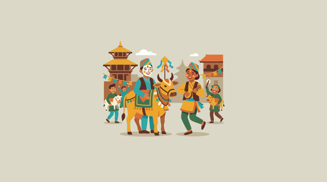 Illustration of Gai Jatra Festival Celebration in Nepal with People and Cow