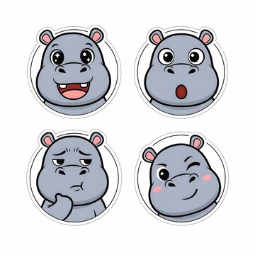 Cute hippopotamus emoticon sticker set with multiple facial expressions