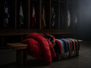 Obraz premium Red winter jacket and striped blanket on locker room bench for sports concept