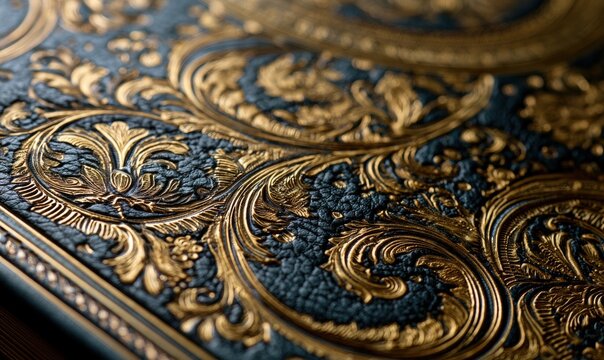 Close-up of ornate, gilded filigree designs on vintage book binding