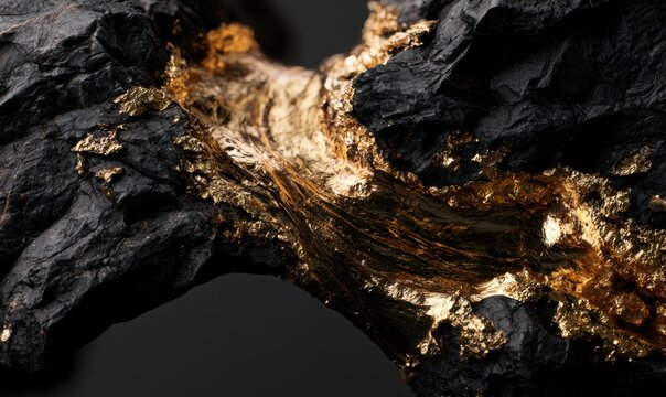 Abstract mineral texture with golden fissures on black stone