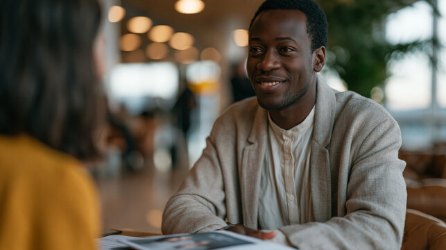 Brain gain recruitment coordinator interviews a returning skilled engineer at an airport arrivals lounge, talent attraction program brochures on the table, international