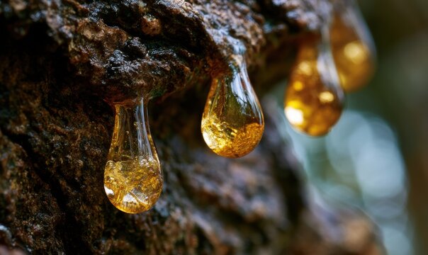 Golden sap drips from tree bark in forest