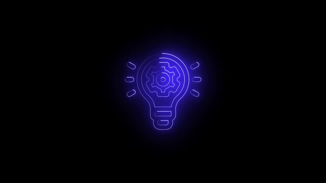 bule  neon lightbulb with gear animation on black background for technology concepts