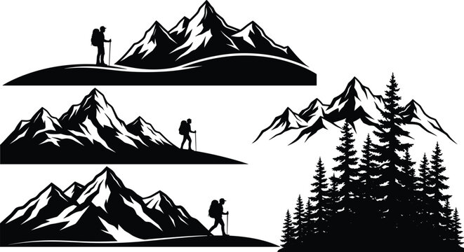 Mountain hiking illustrations with hiker backpack snow peaks and forest designs, decorative artwork vector element for outdoor, nature, and adventure design