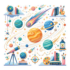 Colorful illustration of planets and astronomy. © Warsi