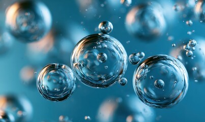 Close-up of transparent bubbles suspended in blue fluid © TheoTheWizard