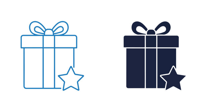 Gift box with star icon set vector: Glyph and solid icon set - Icon vector - logo icons. Blue, Black and white icons