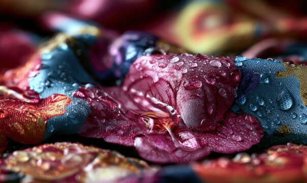 Close-up of water droplets on vibrant, textured fabric surface